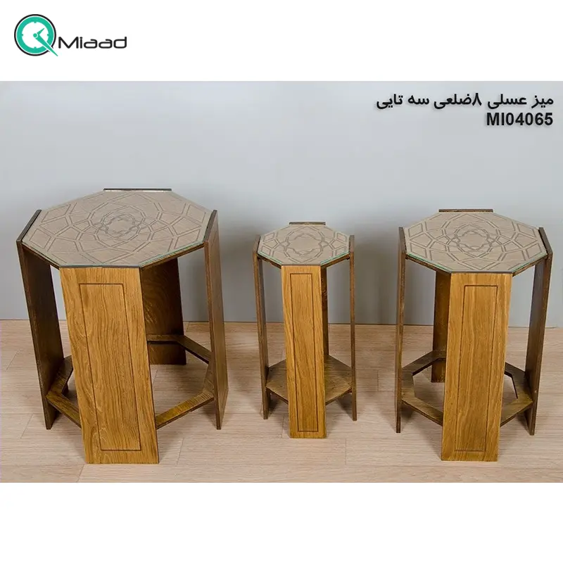 میز عسلی چوبی مدل M104065، میز عسلی چوبی 8 ضلعی سه تایی، میز عسلی مدل با طراحی کلاسیک میز عسلی