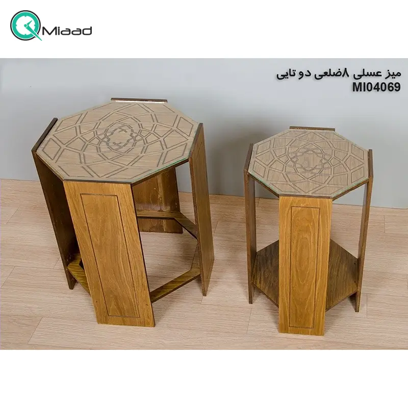میز عسلی چوبی مدل M104069، میز عسلی چوبی 8 ضلعی دو تایی، میز عسلی مدل با طراحی کلاسیک میز عسلی