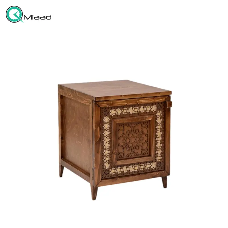 کمدچه پایه دار کوتاه معرق مدل VT04016، کمدچه چوبی برای نگهداری اقلام مختلف و وسایل مورد نیاز، طراحی شده با متریال تمام چوب کتابخانه