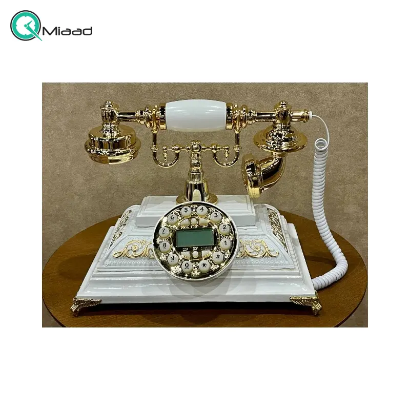 تلفن رومیزی چوبی مدل 204، تلفن بینظیر با شماره گیر دکمه ای، تلفن سنتی و خاص و نوستالژی، وسیله کلیدی برای تزیین دکور منزل، رنگ سفید تلفن چوبی سلطنتی