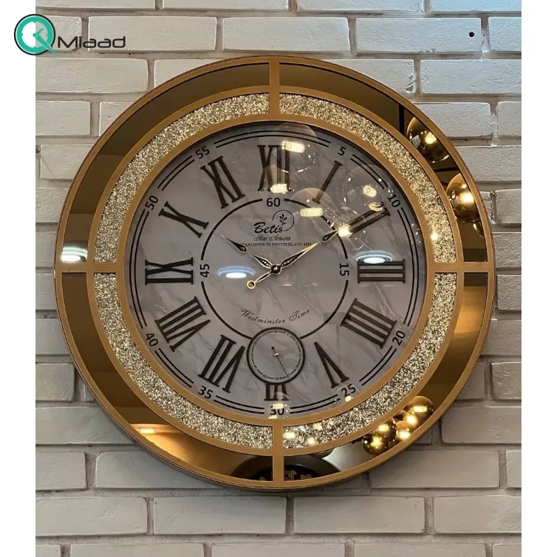 ساعت دیواری بتیس مدل 6709، ساعت دیواری با متریال چوب و آینه، دو موتوره و دارای موتور ثانیه شمار مستقل، رنگ طلایی ساعت دیواری