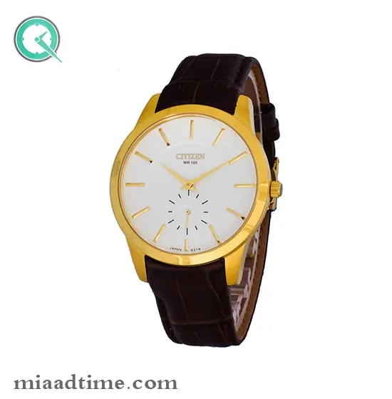 ساعت مچی سیتیزن مردانه زیرثانیه گرد چرمی طلایی صفحه سفید مدل 6214M ساعت سیتیزن مردانه بند چرمی