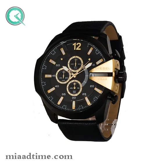 ساعت مچی دیزل مردانه کرنوگراف گرد چرمی طلایی مشکی صفحه مشکی مدل DZ-4309 ساعت دیزل شاخدار