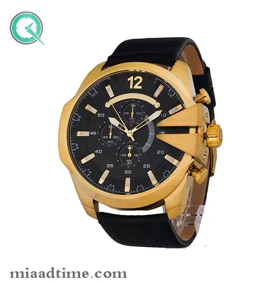 ساعت مچی دیزل مردانه کرنوگراف گرد چرمی طلایی صفحه مشکی مدل DZ-4309 ساعت دیزل شاخدار