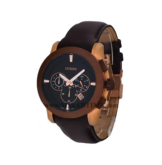 ساعت مچی سیتیزن مردانه کرنوگراف گرد چرمی دو رنگ صفحه مشکی مدل 15093G ساعت مچی ست اسپرت