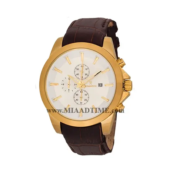 ساعت مچی رومانسون مردانه کرنوگراف گرد چرمی طلایی صفحه سفید کد 1814 ساعت مچی