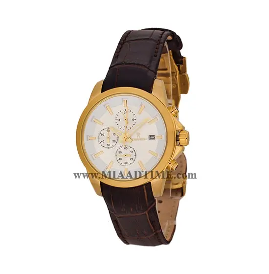 ساعت مچی رومانسون زنانه کرنوگراف گرد چرمی طلایی صفحه سفید کد 1814 ساعت مچی زنانه مارک دار