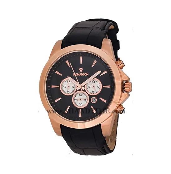 ساعت مچی رومانسون مردانه کرنوگراف گرد چرمی رزگلد صفحه مشکی کد 1824 ساعت مچی