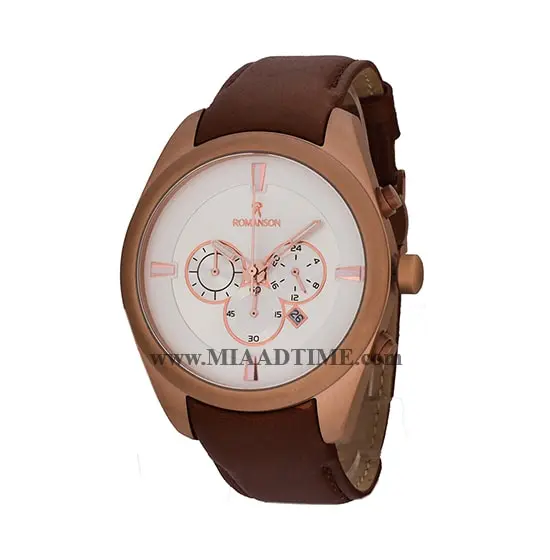 ساعت مچی رومانسون مردانه کرنوگراف گرد چرمی رزگلد صفحه سفید کد 1829 ساعت مچی