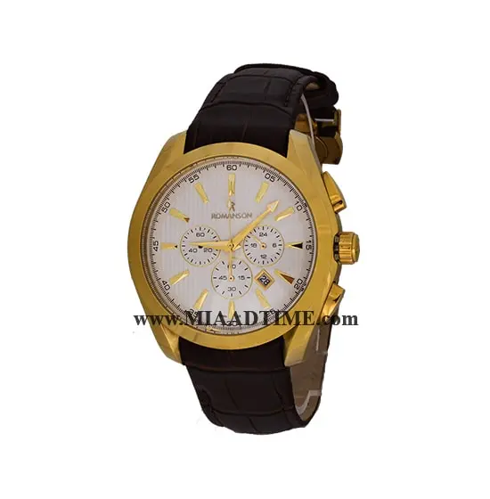 ساعت مچی رومانسون مردانه کرنوگراف گرد چرمی طلایی صفحه سفید کد 1871 ساعت مچی