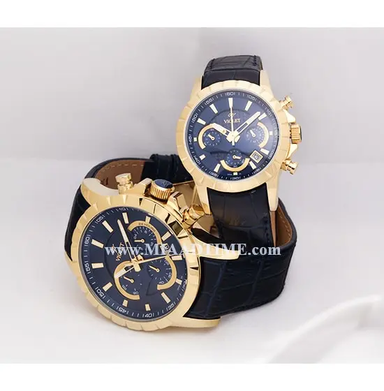 ساعت مچی ست ویولت گرد چرمی طلایی صفحه سرمه ای مدل 0403/2 ساعت مچی رومانسون ارزان