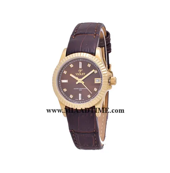 ساعت ویولت Violet زنانه گرد چرمی طلایی صفحه سفید کد 0488/2L ساعت مچی زنانه مارک دار