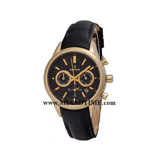 ساعت مچی رومانسون زنانه کرنوگراف گرد چرمی طلایی صفحه مشکی کد 16246 ساعت مچی زنانه مارک دار