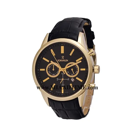 ساعت مچی رومانسون مردانه کرنوگراف گرد چرمی طلایی صفحه مشکی کد 16246 ساعت مچی