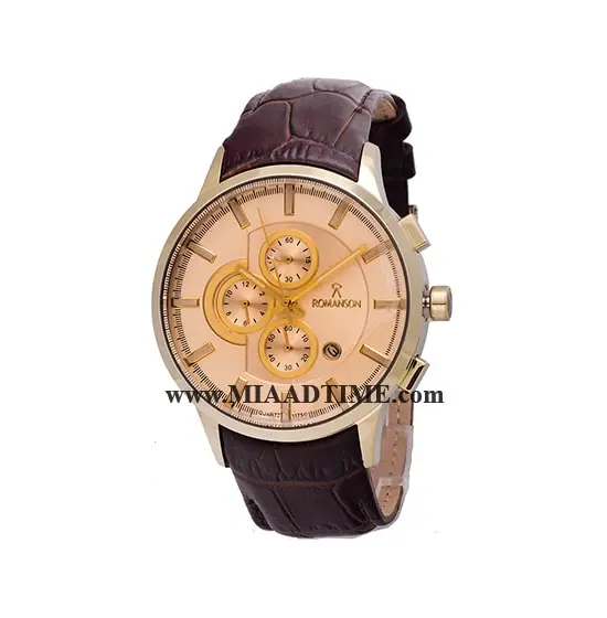 ساعت مچی رومانسون مردانه کرنوگراف گرد چرمی طلایی صفحه سفید شیشه رنگی کد 16248 ساعت مچی