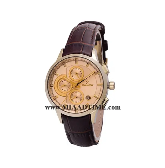 ساعت مچی رومانسون زنانه کرنوگراف گرد چرمی طلایی صفحه سفید شیشه رنگی کد 16248 ساعت مچی زنانه مارک دار