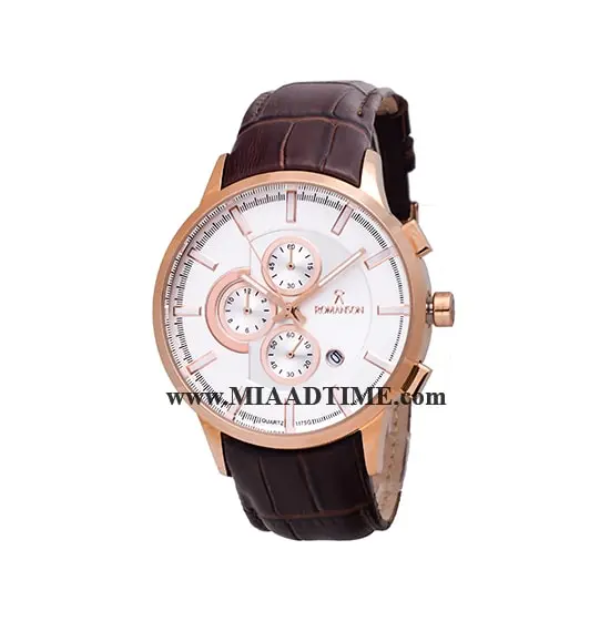 ساعت مچی رومانسون مردانه کرنوگراف گرد چرمی رزگلد صفحه سفید کد 16254 ساعت مچی