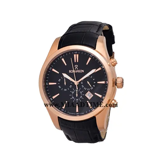 ساعت مچی رومانسون مردانه کرنوگراف گرد چرمی رزگلد صفحه مشکی کد 16257 ساعت مچی