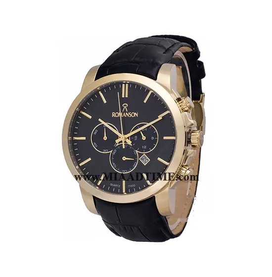 ساعت مچی رومانسون مردانه کرنوگراف گرد چرمی طلایی صفحه مشکی کد 16261 ساعت مچی