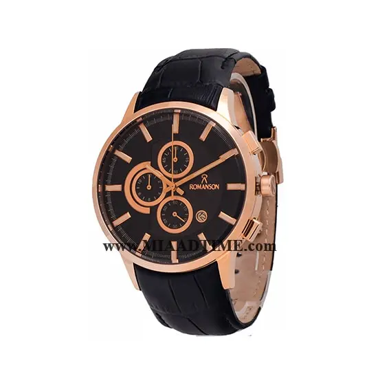 ساعت مچی رومانسون مردانه کرنوگراف گرد چرمی رزگلد صفحه مشکی شیشه رنگی کد 16262 ساعت مچی