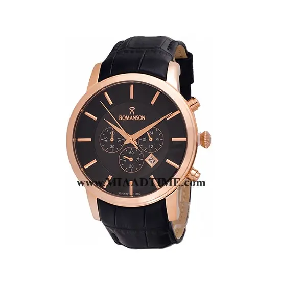 ساعت مچی رومانسون مردانه کرنوگراف گرد چرمی رزگلد صفحه مشکی کد 16298 ساعت مچی