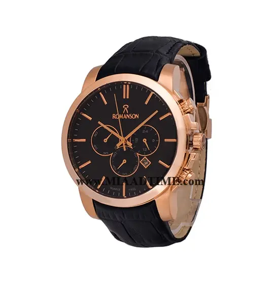 ساعت مچی رومانسون مردانه کرنوگراف گرد چرمی رزگلد صفحه مشکی کد 16267 ساعت مچی