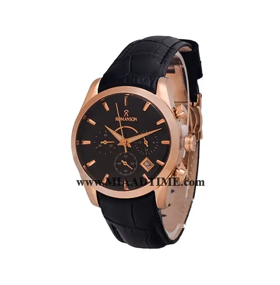 ساعت مچی رومانسون زنانه کرنوگراف گرد چرمی رزگلد صفحه مشکی کد 16271 ساعت مچی زنانه مارک دار