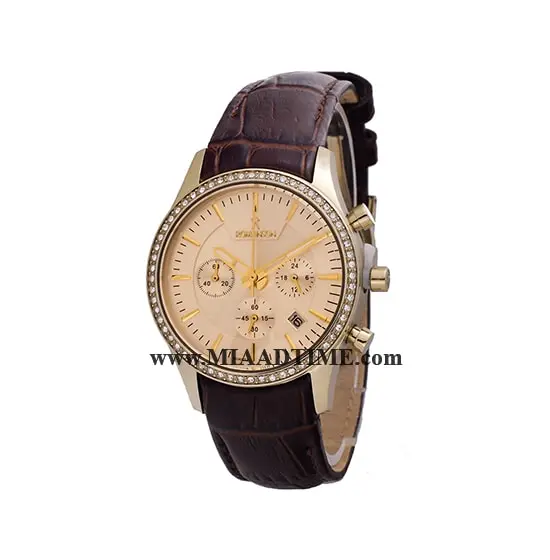 ساعت مچی رومانسون زنانه کرنوگراف گرد چرمی طلایی نگین دار صفحه روشن کد 16306 ساعت مچی زنانه مارک دار