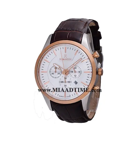ساعت مچی رومانسون مردانه کرنوگراف گرد چرمی رزگلد دو رنگ صفحه سفید کد 16302 ساعت مچی