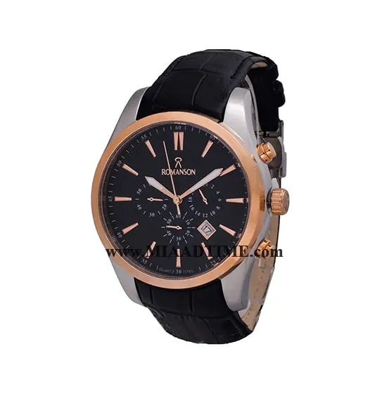 ساعت مچی رومانسون مردانه کرنوگراف گرد چرمی رزگلد دو رنگ صفحه مشکی کد 16304 ساعت مچی