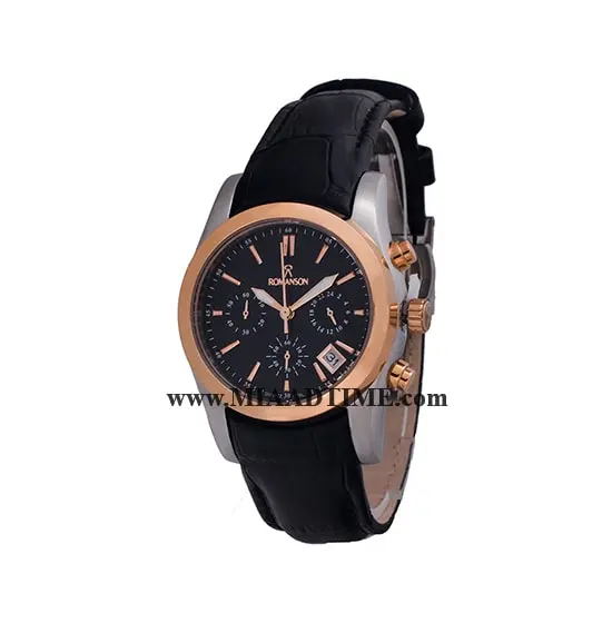 ساعت مچی رومانسون زنانه کرنوگراف گرد چرمی رزگلد دو رنگ صفحه مشکی کد 16304 ساعت مچی زنانه مارک دار