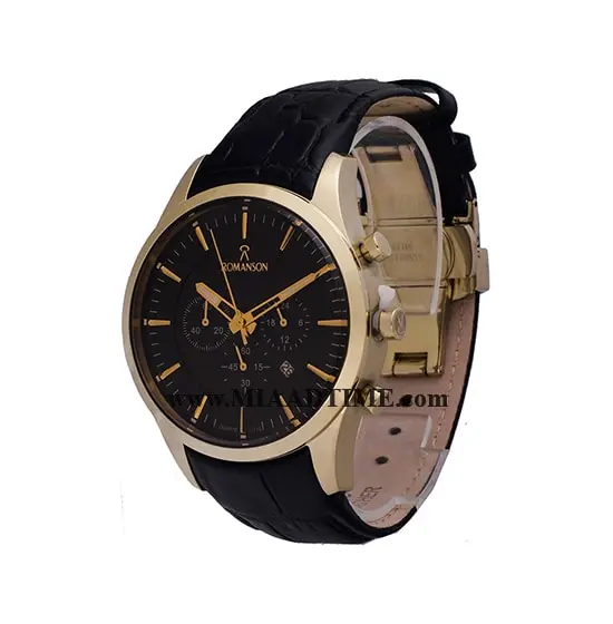 ساعت مچی رومانسون مردانه کرنوگراف گرد چرمی طلایی صفحه مشکی کد 16313 ساعت مچی