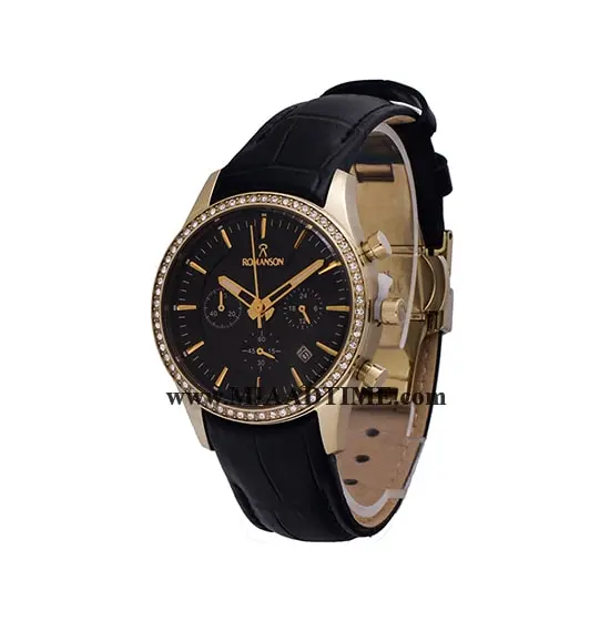ساعت مچی رومانسون زنانه کرنوگراف گرد چرمی طلایی نگین دار صفحه مشکی کد 16313 ساعت مچی زنانه رومانسون