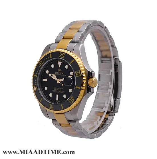 ساعت مچی رولکس مردانه، ساب مارینر گرد استیل دو رنگ، دور قاب سرامیکی، شب نما، صفحه مشکی کد 5141 ساعت
