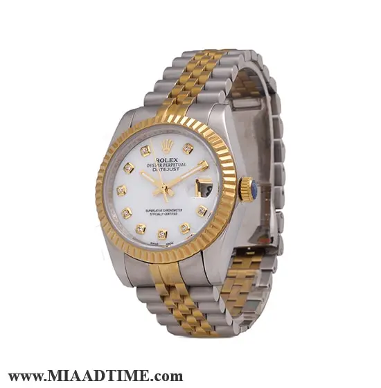 ساعت مچی رولکس مردانه، دیت جاست گرد استیل دو رنگ، صفحه سفید | کد 5201 ساعت