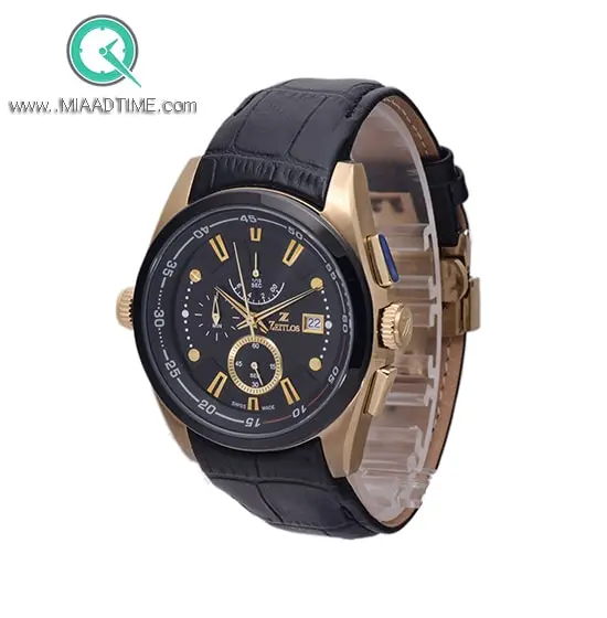 ساعت مچی زیتلوس مردانه کرنوگراف گرد چرمی طلایی مشکی صفحه مشکی مدل 2014PGB ساعت مچی مردانه