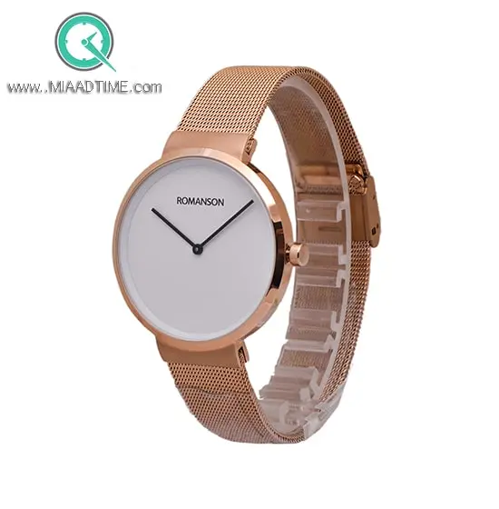 ساعت مچی رومانسون مردانه صفحه سفید رزگلد بند حصیری کد 25472 ساعت مچی مردانه,برند رادو,ساعت رادو, ساعت رادو بند حصیری