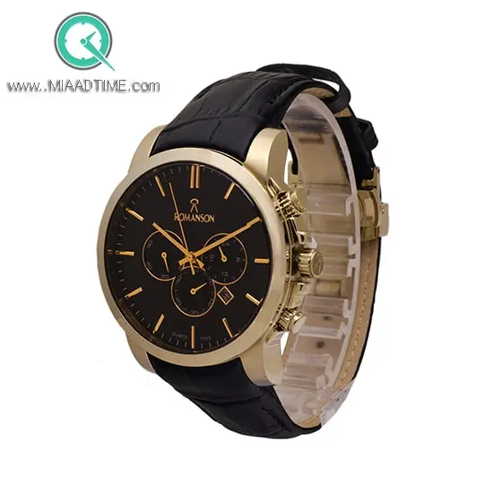 ساعت مچی رومانسون مردانه کرنوگراف گرد چرمی طلایی صفحه مشکی کد 25468 ساعت مچی