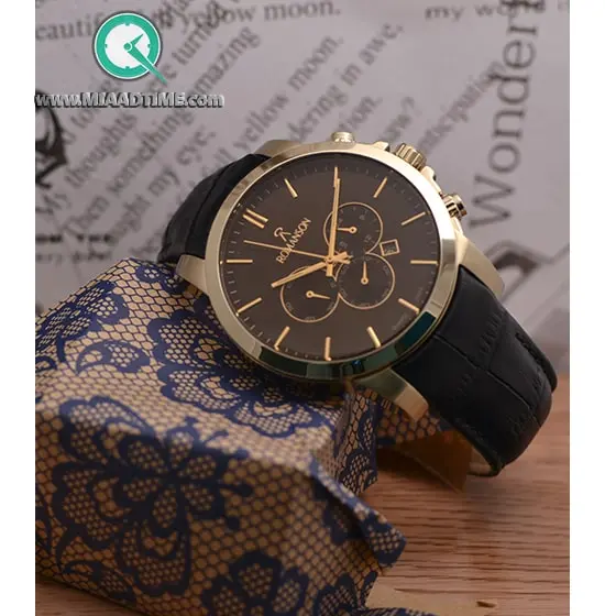 ساعت مچی رومانسون مردانه کرنوگراف گرد چرمی طلایی صفحه مشکی کد 25468 ساعت مچی