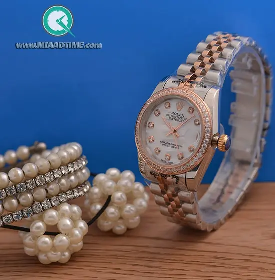 ساعت مچی رولکس زنانه، دیت جاست گرد فلزی رزگلد دو رنگ کد 25508