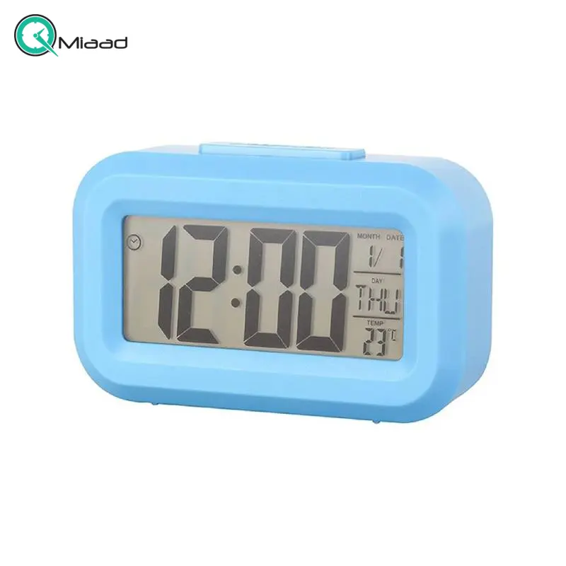 ساعت رومیزی دیجیتال 2108 سایز کوچک رنگ آبی، ساعت رومیزی و دماسنج دیجیتالی دکوری، تغذیه با باتری، ساعت رومیزی شبنما چراغدار، زنگ بیدار باش، بک لایت حساس به صدا و ضربه ساعت رومیزی