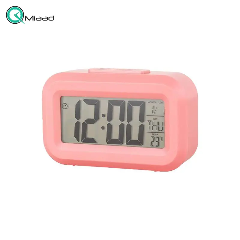 ساعت رومیزی دیجیتال 2108 سایز کوچک رنگ صورتی، ساعت رومیزی و دماسنج دیجیتالی دکوری، تغذیه با باتری، ساعت رومیزی شبنما چراغدار، زنگ بیدار باش، بک لایت حساس به صدا و ضربه ساعت رومیزی