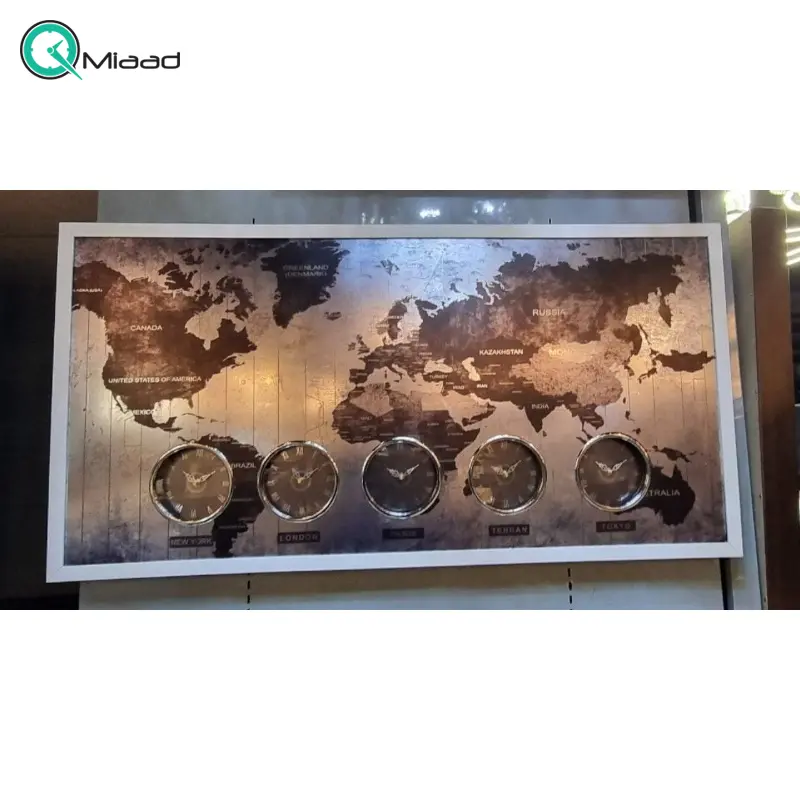 ساعت دیواری چند زمانه اسپریت مدل s10، ساعت دیواری جهان نما طرح نقشه جهان، ساعت دیواری مناسب هتل، صرافی، سالن پذیرایی، رنگ نقره ای ساعت دیواری