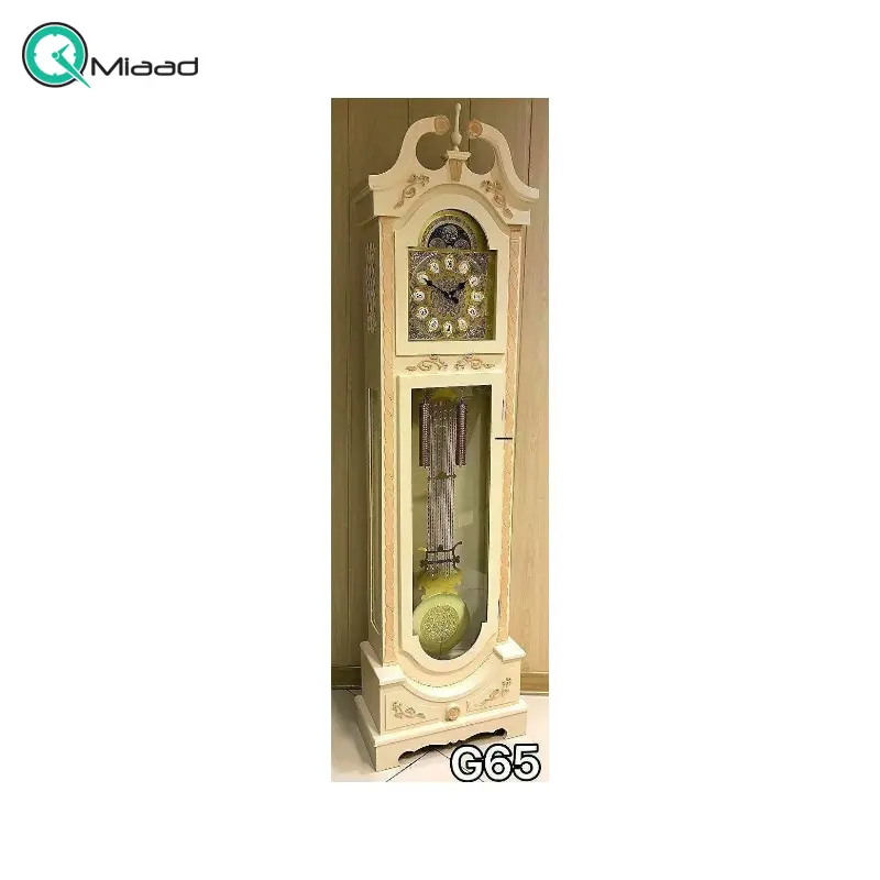 ساعت ایستاده و کنارسالنی مدل G65، ساعت بسیار زیبا طرح کلاسیک با متریال چوبی و روکش راش، دارای پاندول بزرگ، رنگ کرم استخوانی ساعت کنارسالنی