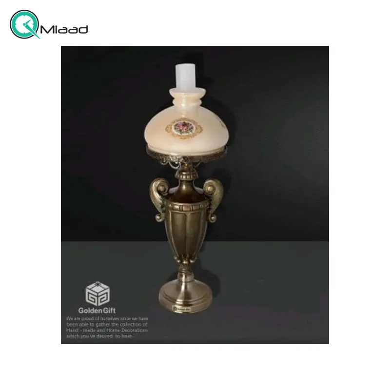 آباژور رومیزی پلی استر طرح گردسوز مدل 717، چراغ خواب رومیزی چوب و فلز مناسب اتاق خواب و سالن پذیرایی  آباژور