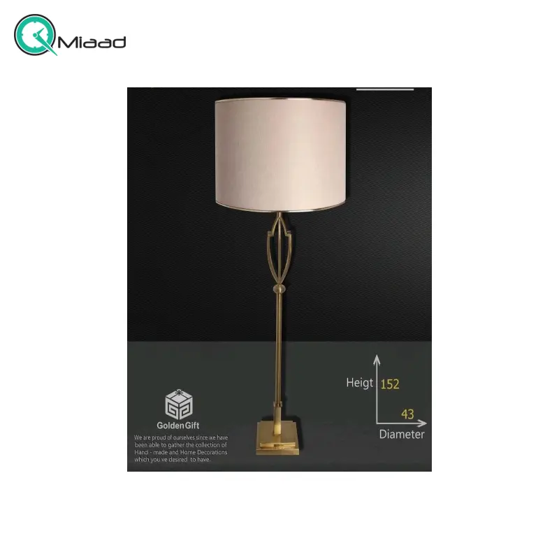 آباژور ایستاده مدل 532، آباژور ایستاده با پایه فلزی، متریال طلق و پارچه شید آباژور، دارای 1 سرپیچ ، آبکاری فورتیک بدنه و پایه آباژور، فوق العاده با کیفیت، رنگ طلایی شید کرم آباژور رومیزی