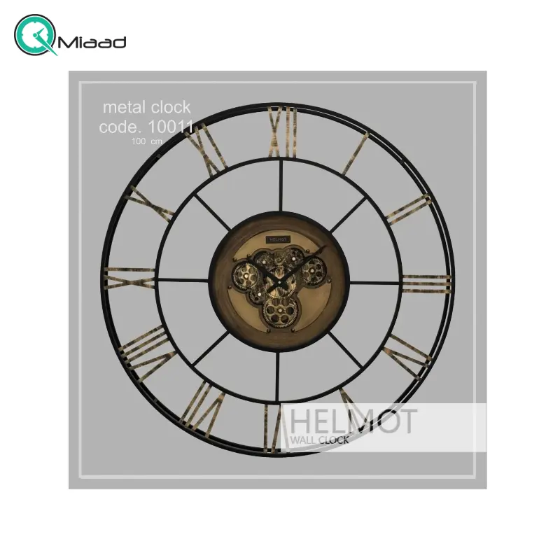ساعت دیواری چوبی هلموت مدل 10011، ساعت دیواری خلاقانه با متریال ترکیبی فلزی بدنه، دارای چرخ دنده هایی روی صفحه ساعت، موتور ساخت تایوان با 5 سال گارانتی هلموت، سایز 100 سانت ساعت