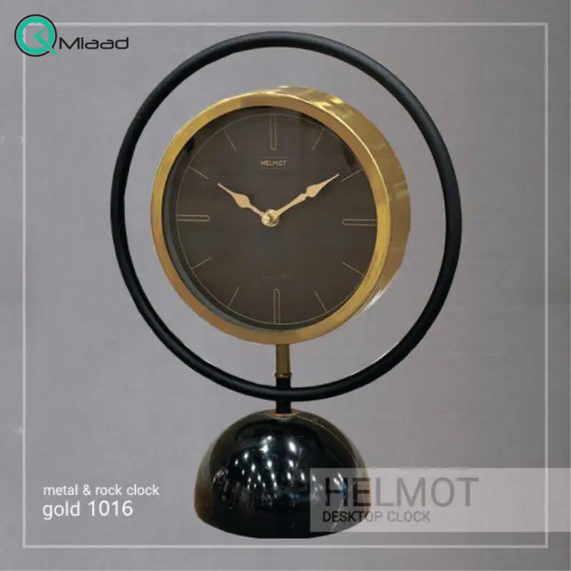 ساعت رومیزی هلموت، ساعت رومیزی با متریال ترکیبی سنگ و فلز، ساعت رومیزی مدرن با موتور آرامگرد، رنگ طلایی با صفحه مشکی، مدل 1016 ساعت رومیزی