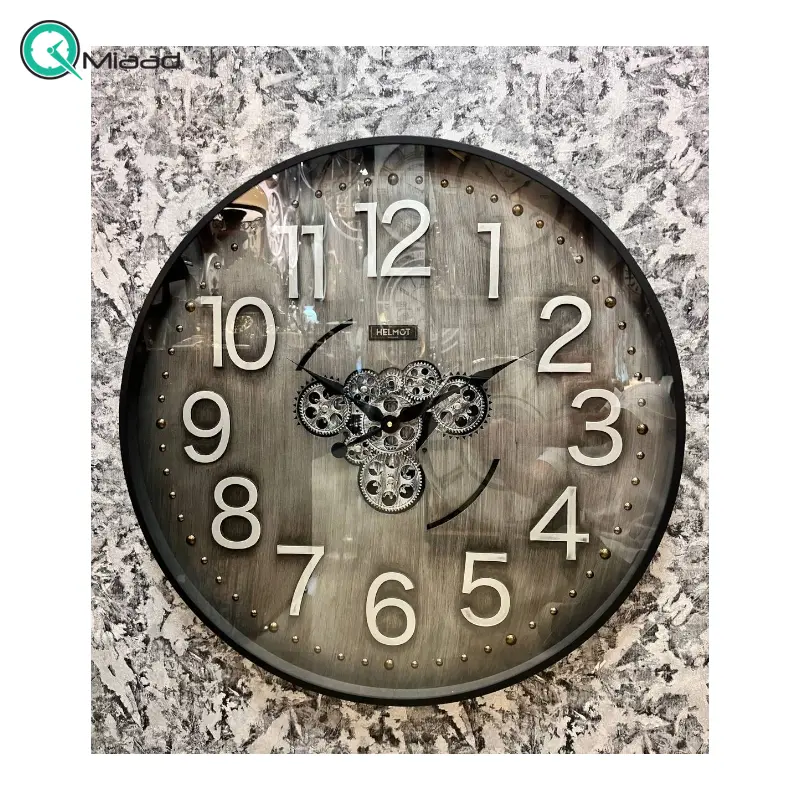 ساعت دیواری هلموت کد 8086، ساعت دیواری دور فلزی هلموت با چرخ دنده های فعال و متحرک، صفحه تمام چوب رنگ پتینه، سایز 80 سانتی متر، موتور میتسو با 5 سال ضمانت هلموت ساعت