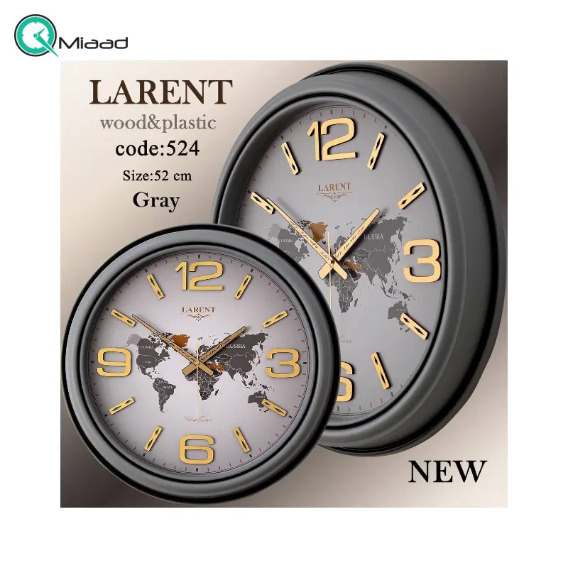 ساعت دیواری لارنت مدل 524، ساعت دیواری سایز 52 پلاستیکی طرح کلاسیک با صفحه تمام چوب و اعداد برجسته، رنگ طوسی ساعت دیواری بزرگ